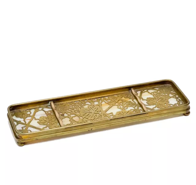 Tiffany Studios Gilt Bronze and Slag Glass Pen Tray #1004 in Grapevine