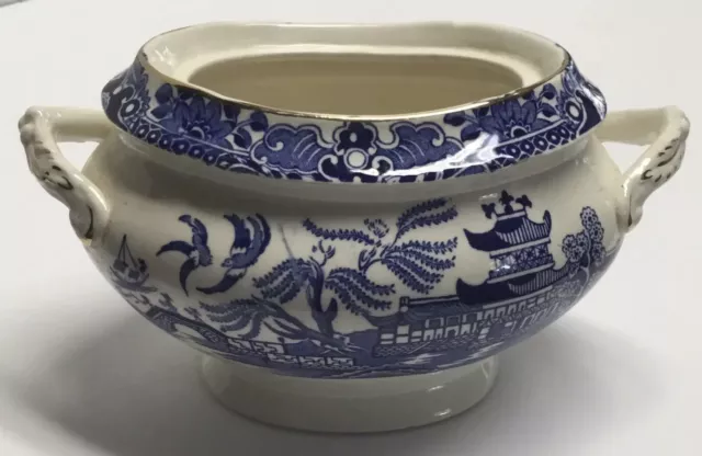 BLUE WILLOW SUGAR BOWL Flow Blue Gold Trim Burleigh Ware England