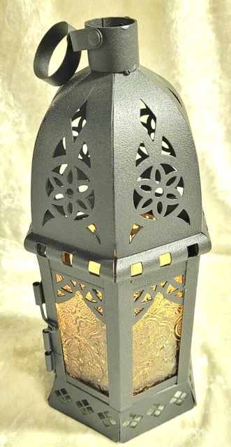 Moroccan Style Glass Lantern Antique Bronze Metal Tea Light Holder