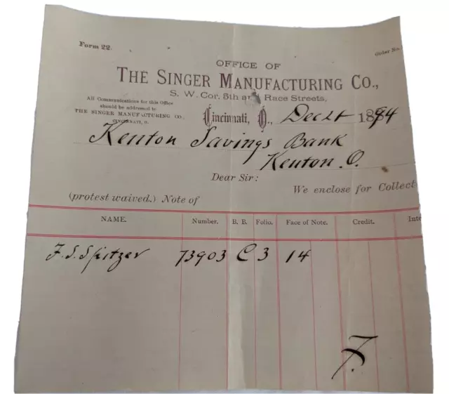 The Singer Manufacturing  Co - Antique Ephemera Letterhead Letter Receipt Paper