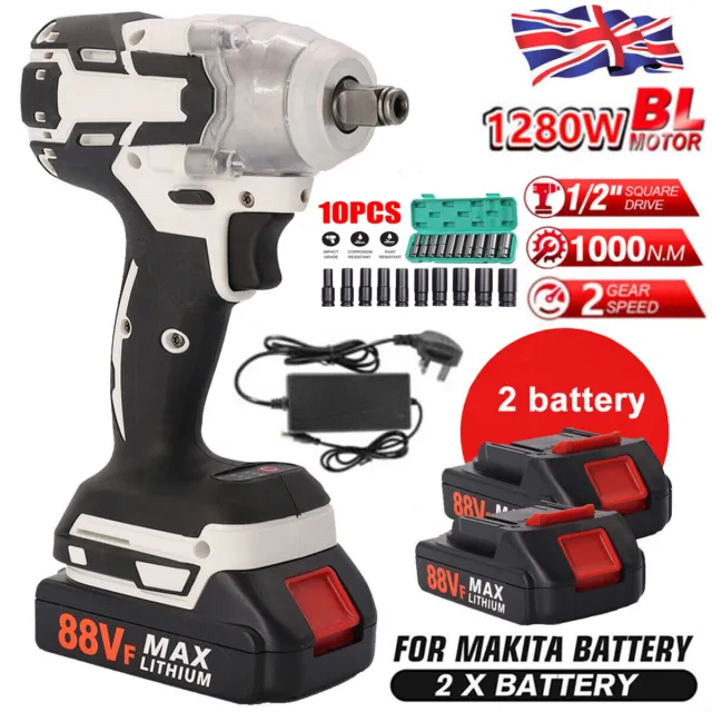 1000Nm 1/2" Cordless Electric Impact Wrench Drill Gun Ratchet Driver + 2xBattery