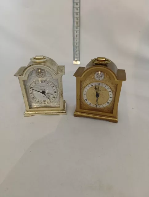 2 x Vintage Brass Swiza 8 Day Swiss . Desk Alarm Clock Working Well A23