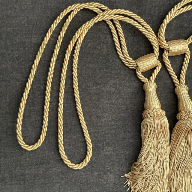 Pair of 2 Gold Braided Rope Curtain Tie Backs with Large Tassels 26" Length 3