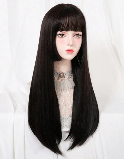 Perruque Synthétique Noire Longue Avec Frange - Bonnet Inclus, Cheveux Lisses, Neuve