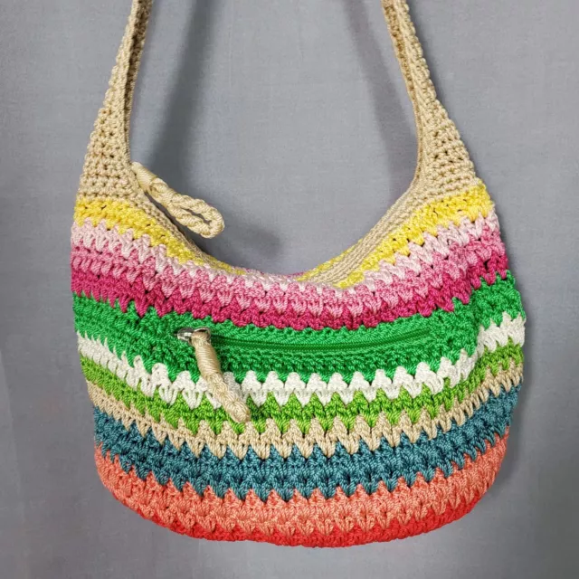 Vtg The Sak Crochet Handbag Rainbow Stripe Hobo Satchel Shoulder Bag Knit Purse