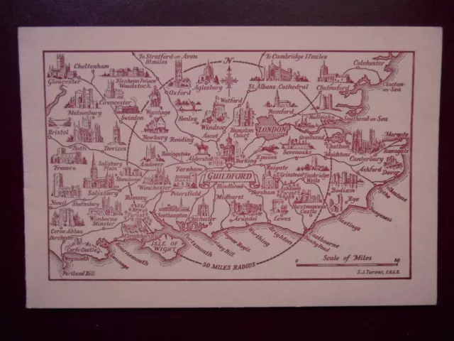 50 Miles Around GUILDFORD Surrey *Vintage* S J Turner Map Greetings Card c1940s