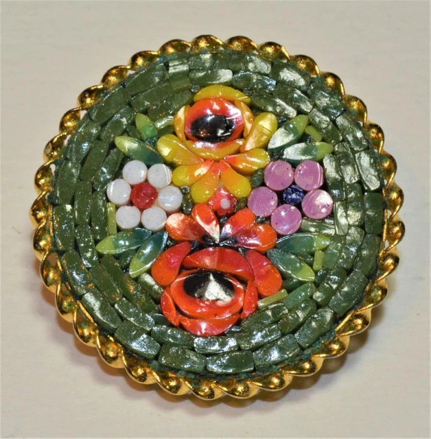 Broche Vintage Italienne Micro Mosaïque - Motif 'Forget Me Not' Fleurs Et Feuilles - Argent Ton Alliage - Occasion - Style Rétro