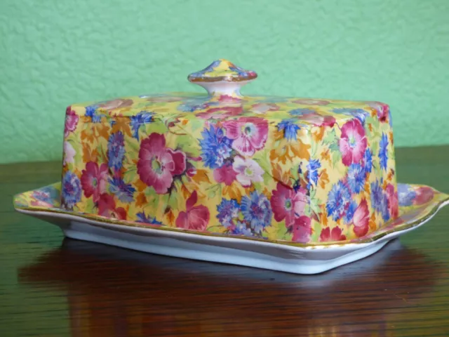 *Some wear* Royal Winton Grimwades Made in England Red Flower Chintz Butter Dish