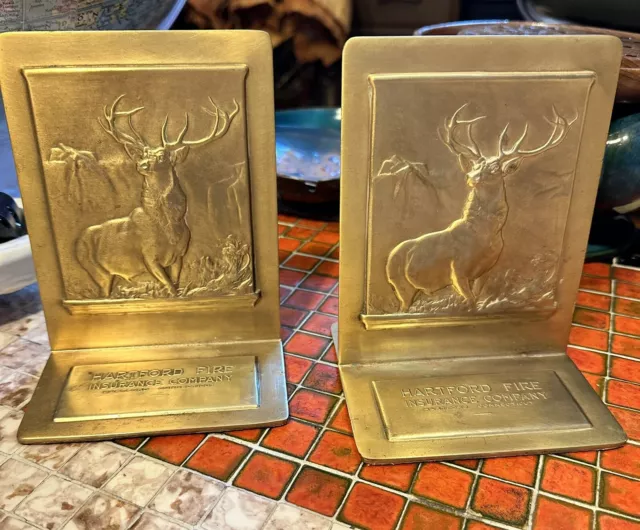 HARTFORD FIRE INSURANCE Co BRASS BOOKENDS Deer Stag Elk ARTIST BASTIAN BROTHERS