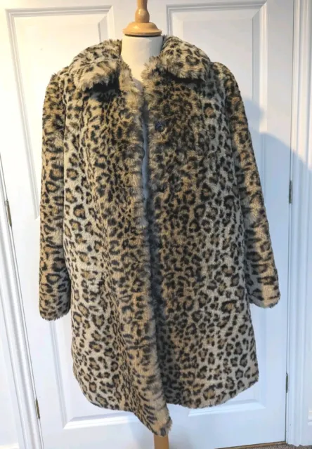 Alice + Olivia Leopard Print Faux Fur Mid Length Coat Size Small