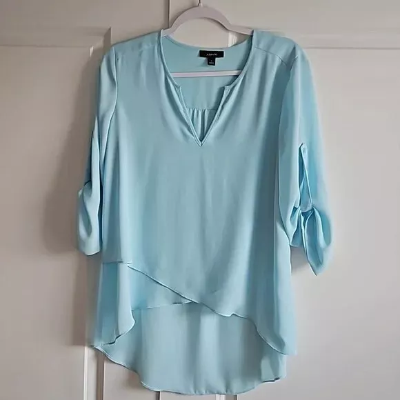 Alfani Sheer V Neck Light Blue Tunic Spring Women's Shirt Blouse Top