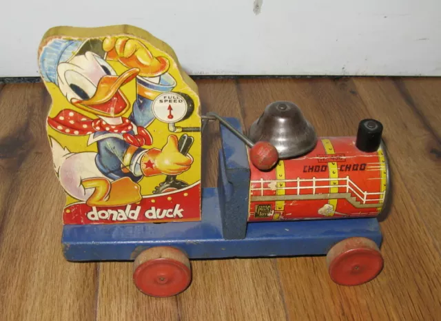 Vtg Original Fisher Price Wdp Disney Donald Duck Choo Choo Wood Pull Toy 450