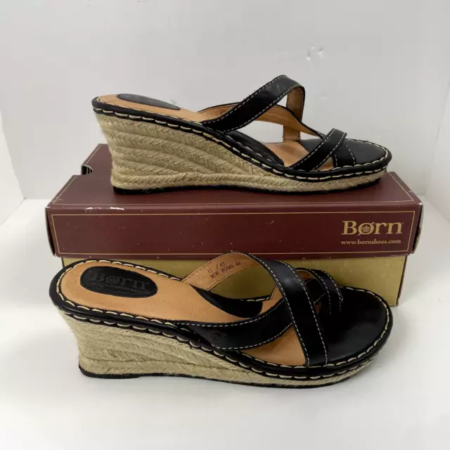 Born Sandals Womens Sandal Black Size 11 Leather Wedge Espadrille Vintage W3583