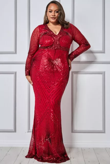 Goddiva Red Starburst Sequin Maxi Long Sleeve Formal Evening Party Dress