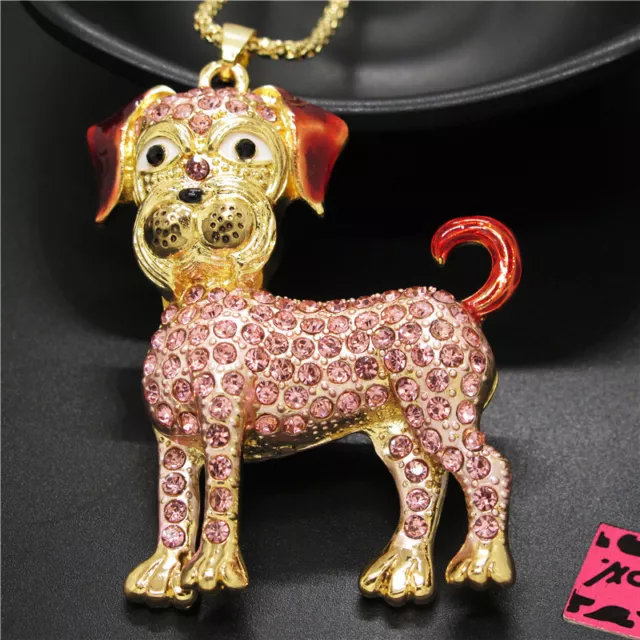 New Fashion Women Rhinestone Cute Pink Dog Crystal Pendant Chain Necklace