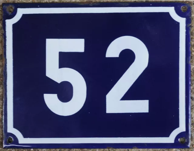 Large old blue French house number 52 door gate plate plaque enamel sign NOS