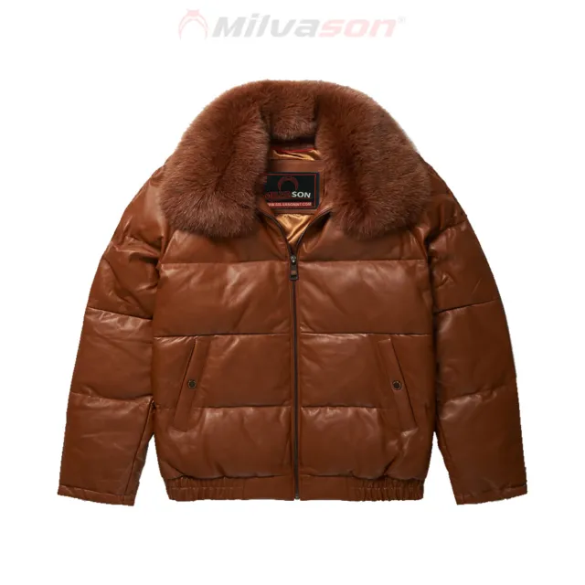 Men's Leather Jacket with Fox Fur Collar - Bubble Cognac Leather V-Bomber Jacket
