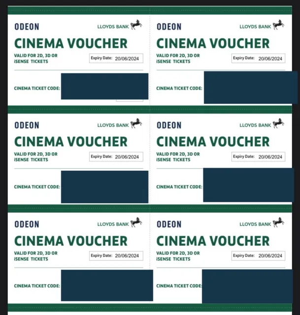 6 x Club Lloyds Odeon Cinema Tickets for iSense 2D 3D Films - Expiry 20/06/2024