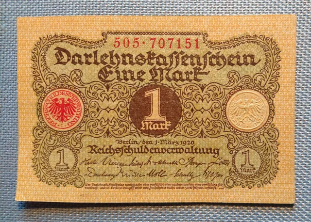 Darlehnskassenschein Eine Mark Berlin 1. März 1920 Reichsschuldenverwaltung