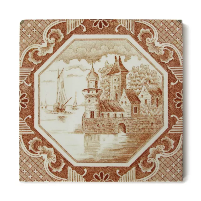 Antique Victorian Rococo Tile Landscape Pictorial Seaside Castle Brown White