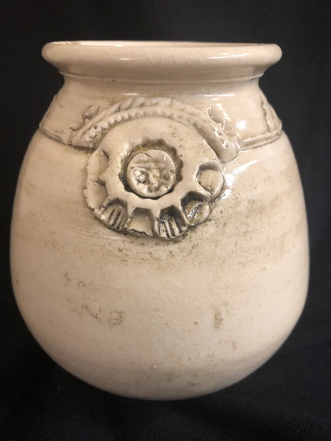 Terracota Wheel Thrown Pottery Vase beige texture glazed  Signed Sara.