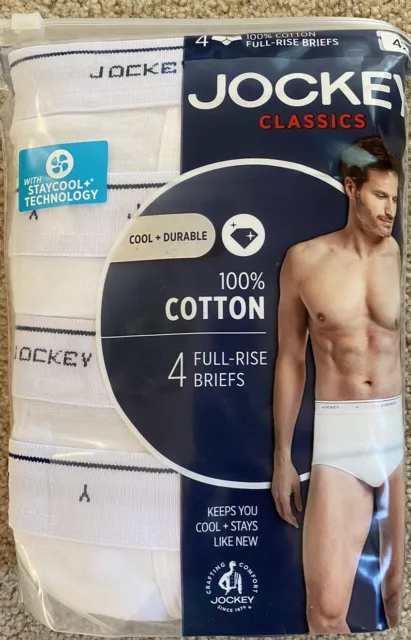 Mens Jockey 4-Pack 100% Cotton White Classics Full-Rise Staycool Briefs Size 42