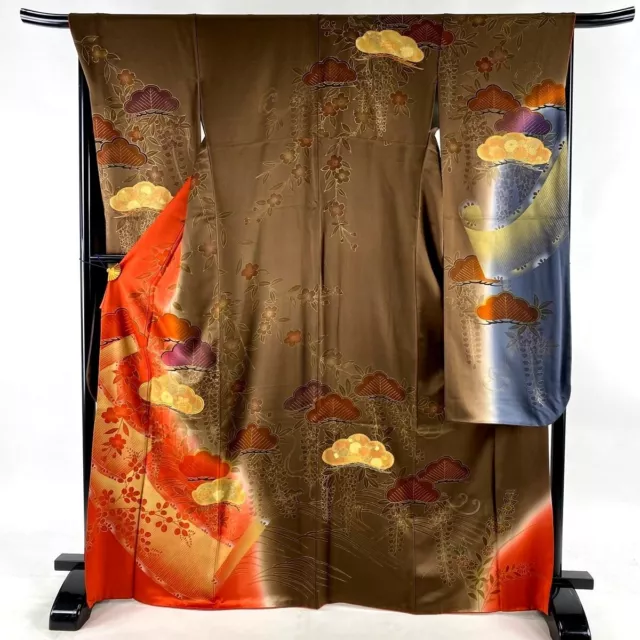 Japanese kimono SILK"FURISODE" long sleeves,Gold leaf,SAKURA,Pine,L5' 6"..3389