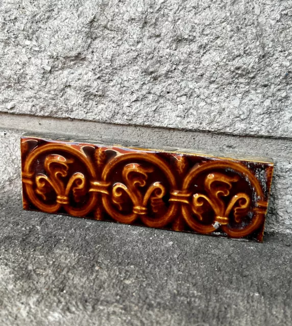 Antique Victorian Ornate Border Fireplace American Encaustic Accent Tile 6 X 2”