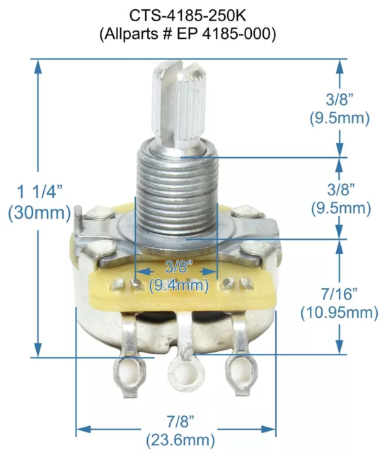 CTS 250K No-Load Audio Split Shaft Pot US Feinspline Potentiometer 3