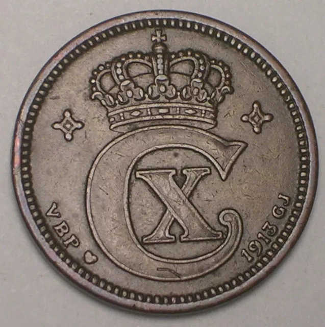 1913 Denmark Danish 5 Ore Low Mintage Crowned Monogram Coin VF+