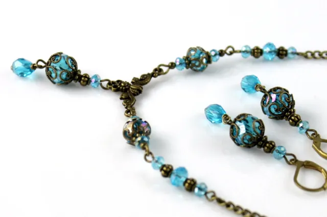 AB Blue Topaz- Aquamarine March Crystal Vintage Victorian Necklace Earring Set