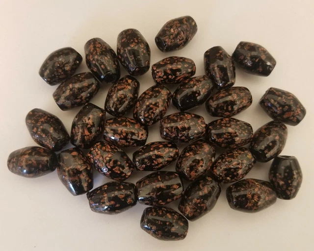 30 pcs Black & Sparkly Copper Glass 18mm Oval VTG Macrame Craft Jewelry Beads