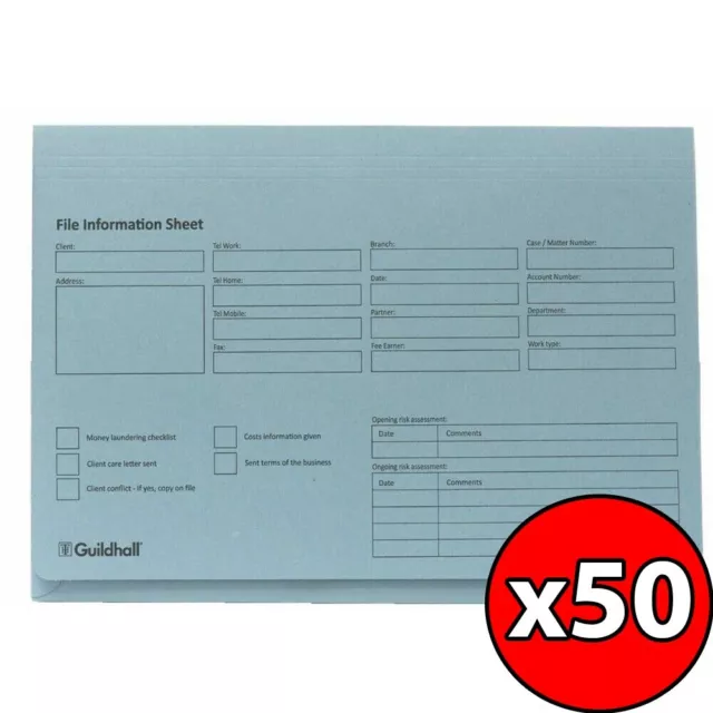 Guildhall Legal Folder A4 Full Flap 315gsm Blue Foolscap Pocket Wallet Pack 50