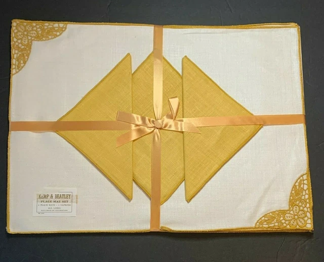 Vintage Kemp & Beatley 4 Placemat 4 Napkin Set Cream/Gold Linen Embroidered