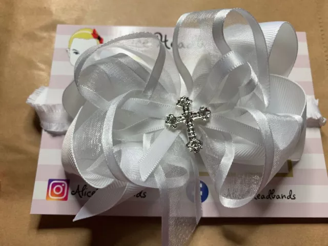 Baby Girl Pure White Christening Headband Baptism Wedding Bow Cross Hairband