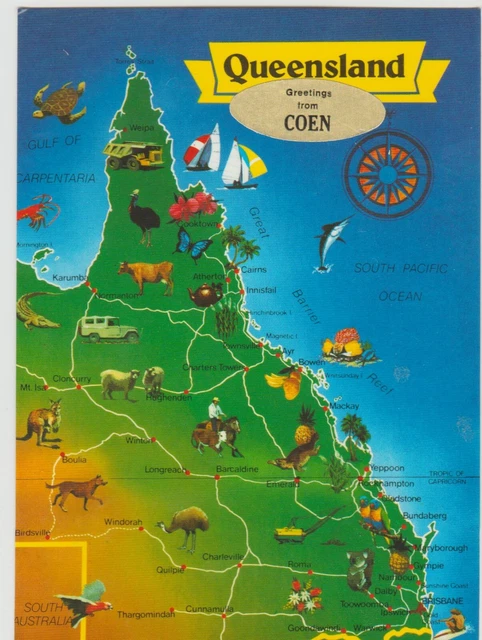 TOURIST MAP OF Queensland Greetings From Coen Qld Peer Postcard $8.95 ...