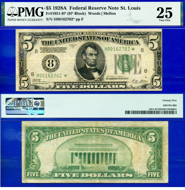 1928 $5 Federal Reserve Note PMG 25 rare St. Louis star TOP POP 1/0 only 2 known
