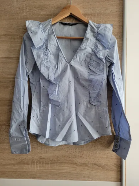 Zara Blaue Bluse Hemdbluse Popelinstoff Gerüschte Schultern Größe 36 S