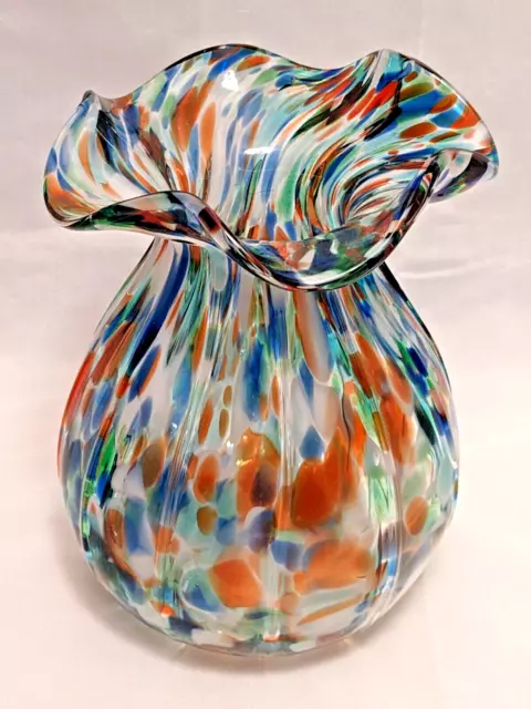 VTG Hand Blown Confetti Splatter Art Glass Vase, Murano? End Of Day, Ruffled