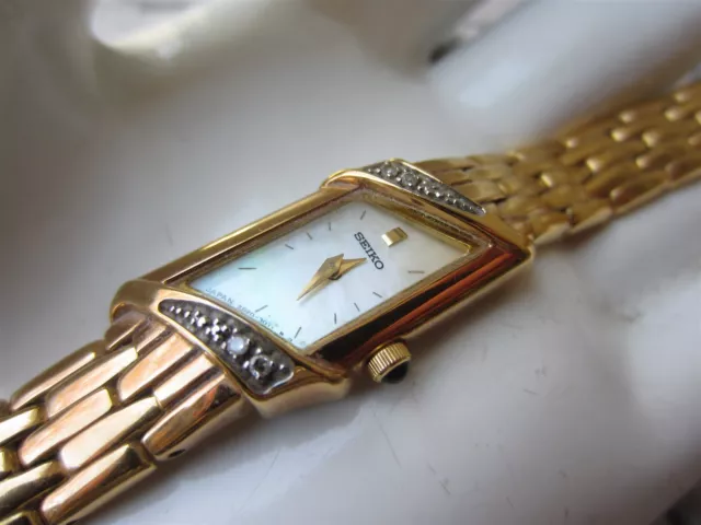 Vintage Seiko Diamond Watch Women Gold Tone Parallelogram New Battery 7.5"