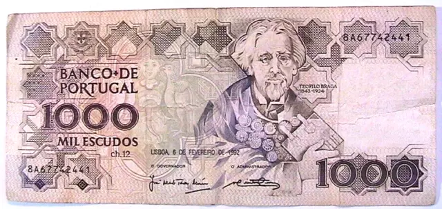 1992 Portugal 1000 Escudos VF Portuguese Banknote Currency Paper Money p-181