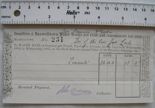 1884 invoice Dumfries & Maxwelltown Water Works, James Lock