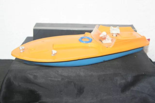 Altes Motorboot Speedboot Blech Plastik mit Antrieb Spielzeug Modell 35cm lang