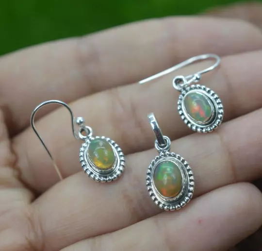 Natural Ethiopian Opal 925 Sterling Silver Handmade Jewelry Earring Pendant Set