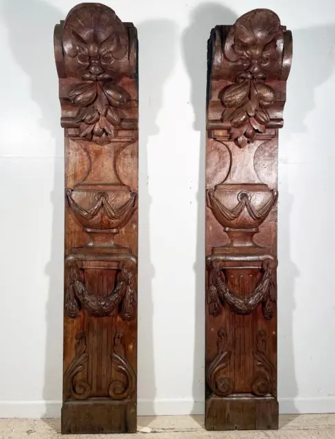 Pair of 69" Tall French Antique Wood Fireplace Pillars/Columns/Posts Mantel
