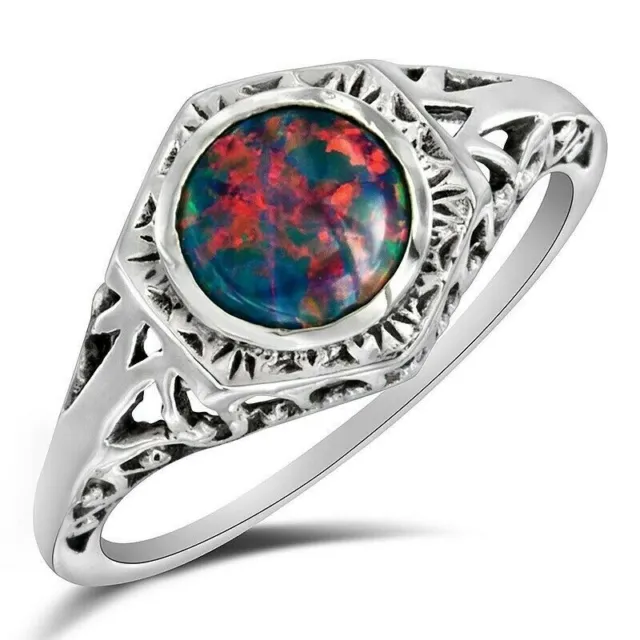 1CT Natural Red Fire Opal 925 Sterling Silver Victorian Style Ring Sz 9 FS1