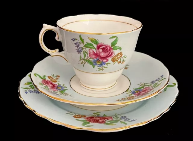 Colclough Blue With Pink Rose Tea Cup Saucer Plate Trio, Made In England, VGC