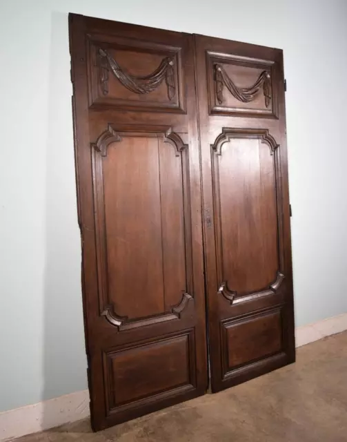 92" Tall Pair of Antique French Solid Oak Wood Doors With Carvings