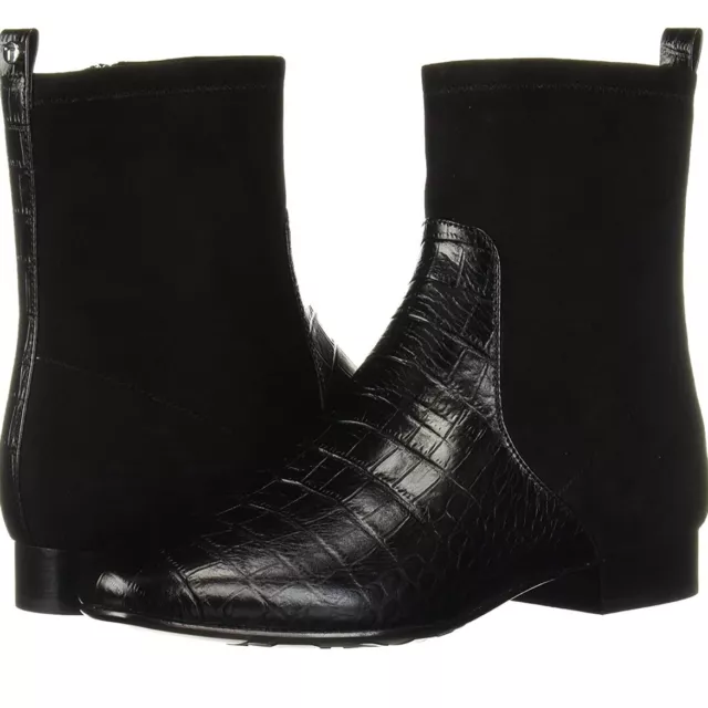 NEW Taryn Rose 5 Floriana Suede Crocodile Embossed Ankle Boots Black Retail $495