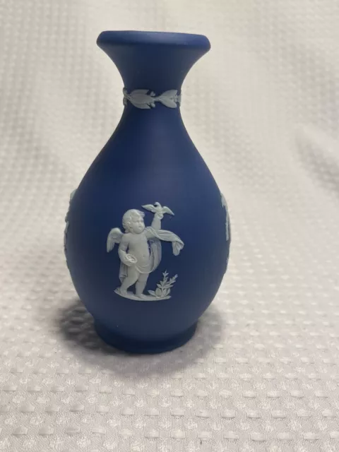 Vintage 5" Wedgwood Cobalt Blue Jasperware Bud Vase 4 Seasons with Cherubs